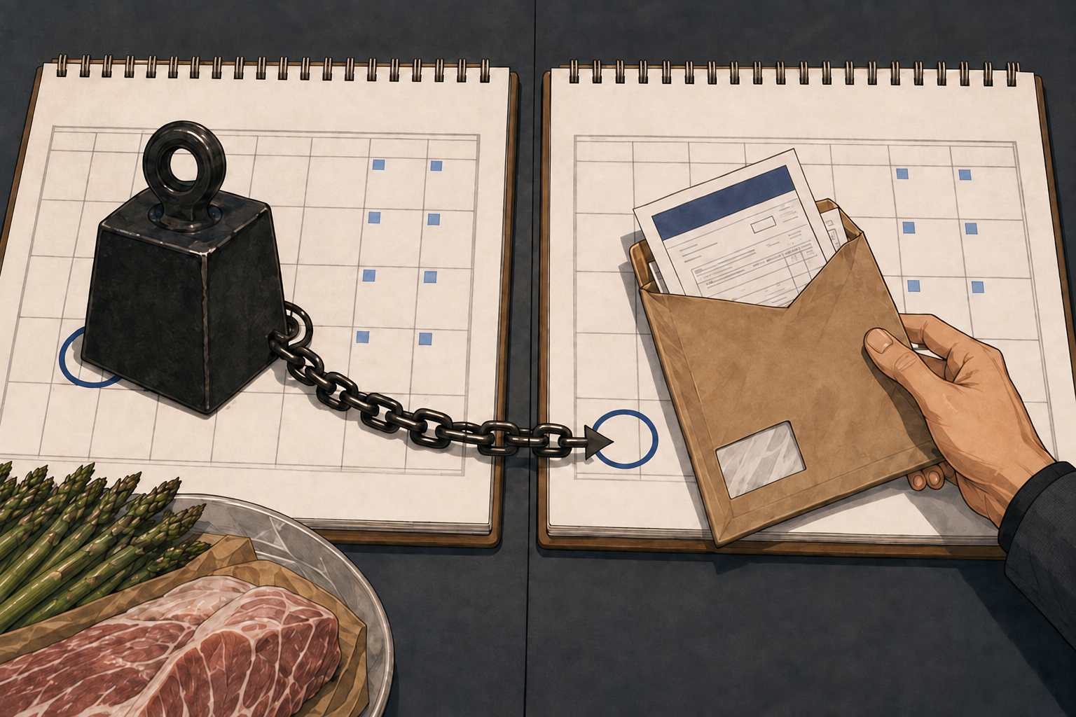 2コマ目：請求書が届いたのは7月2日。それでも、義務が生まれたのは食材を受け取った6月25日。