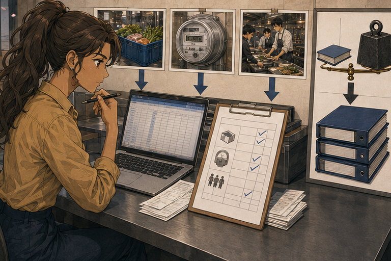 3コマ目：6月30日時点へさかのぼり、未請求の食材や未払サービスを確認して、6月末の負債へ加える。